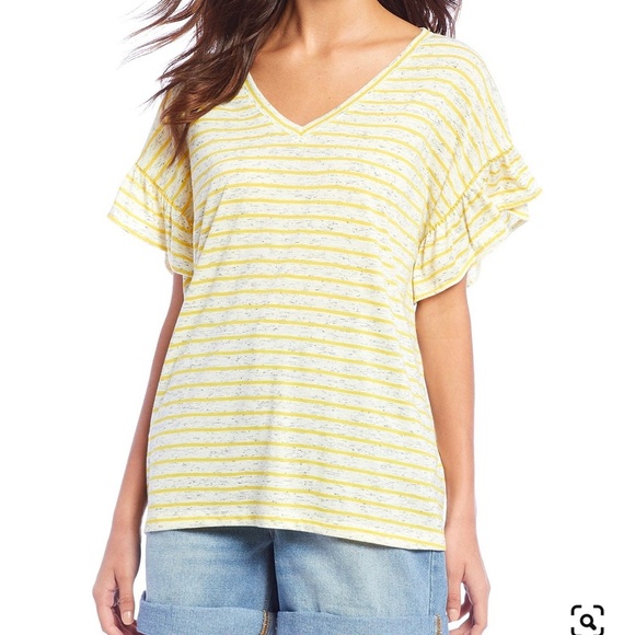 3/30$🔥 NWT Gibson & Latimer Stripe Ruffle Slv Tee - Picture 1 of 9